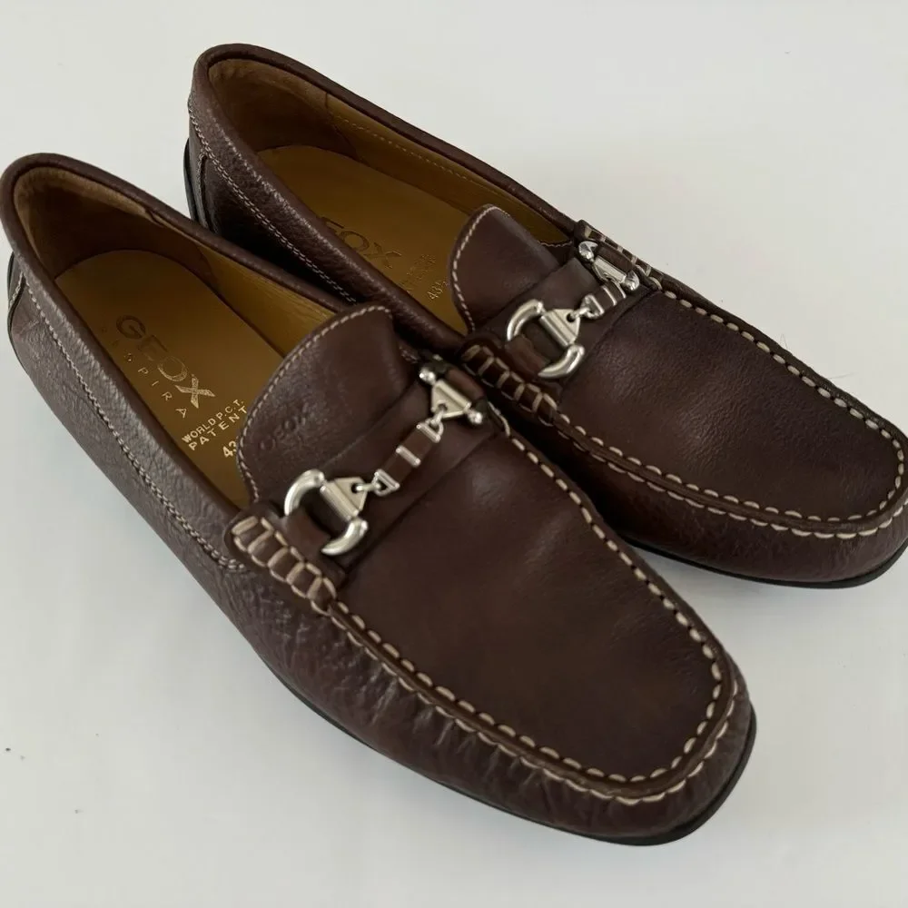 Geox Respira Brown Leather Slip on Shoes Loafer Horsebit Comfort EU 43.5 US 10